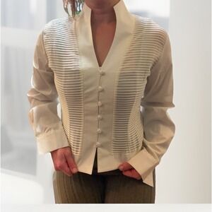 Rayure Paris Vintage Ivory Pleated Button Down Top Made in France Size 44